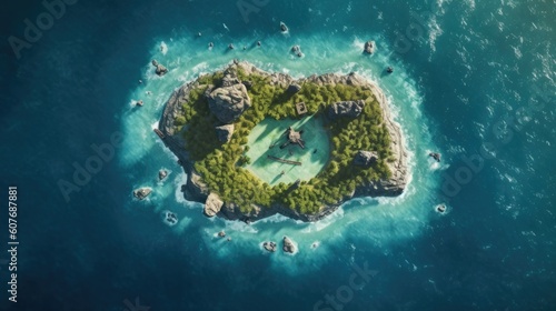 Top view of a tropical island in the middle of a crystal clear blue ocean, rendered by AI technology