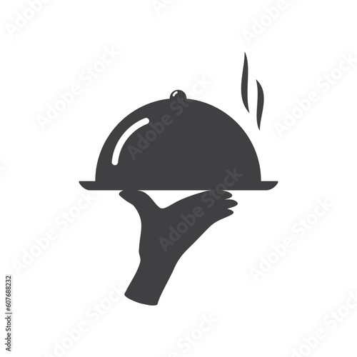 Covered food tray on a hand of hotel room service, hot proper meal plate icon isolated.