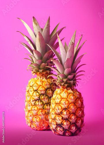 Tropical summer exotic background, bright summer colors, vivid background. Delicious pineapple, fruit as a real healthy refreshment. Illustration, Generative AI.