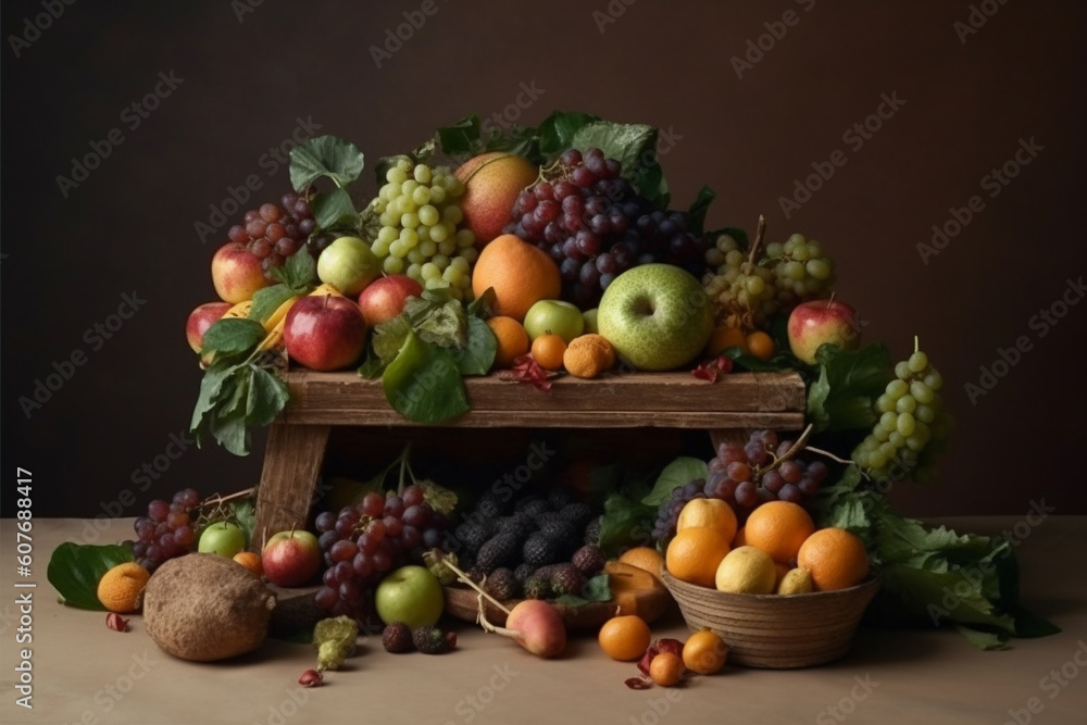 Fresh vegetables and fruits on podium. Generative AI