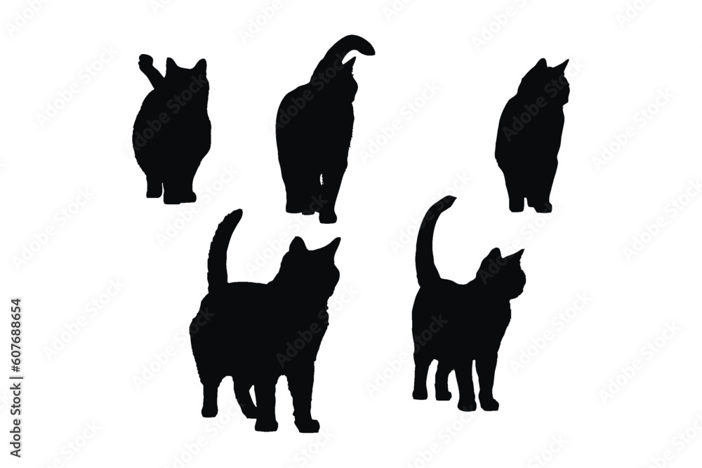 Cute feline front side silhouette set on a white background. Beautiful domestic cat silhouette bundle design. Cat walking and standing in different positions. Cat full body silhouette collection.