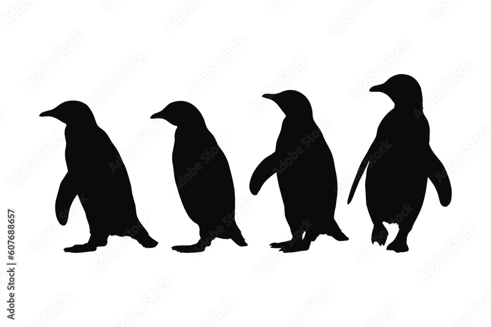 Obraz premium Penguin full body silhouette collection. Wild flightless bird silhouette bundle design. Herbivorous penguins standing silhouette set on a white background. Cute penguin standing in different positions