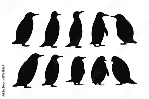 Cute penguin standing silhouette set on a white background. Wild flightless bird silhouette bundle design. Herbivorous penguins standing in different positions. Penguin full body silhouette collection