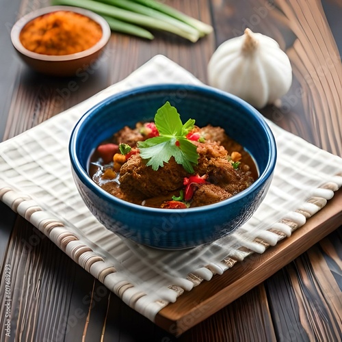 Rendang is an Indonesian West Sumatra Minangkabau spicy meat (commonly beef) that slow cooked in coconut milk and mixed spices, served during festive events like wedding, Eid Al Fitr, ai generated.