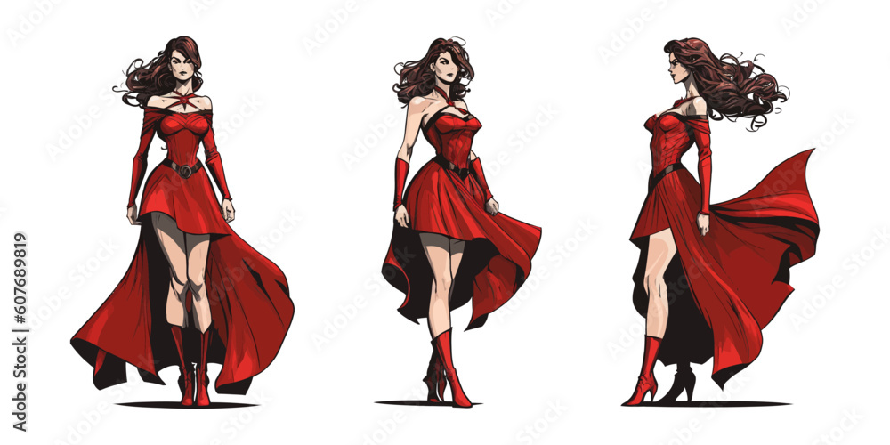 Female superhero in red dress costume. Beautiful super woman vector illustration. Hero character isolated. 