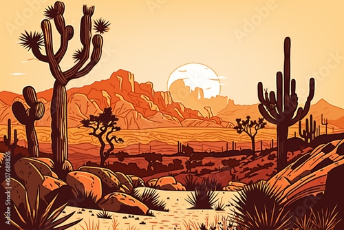 Western desert vector sunset background. Cactus and sand hot, dry nature landscape.