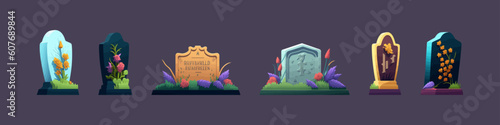 Grave vector illustration. Cemetery graveyard stones decorated with flowers flat set.