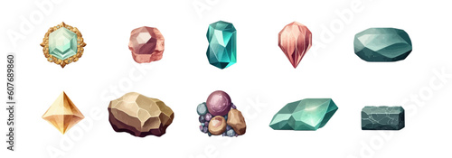 Diamond gemstone vector cartoon style illustration. Magic stones precious set.
