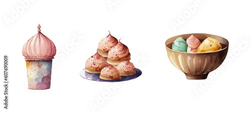 Watercolor cupcake dessert vector. Sweet cake hand drawn food illustration.