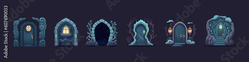 Fanasy door vector set. Magic portal, magical traveling through the worlds illustration.