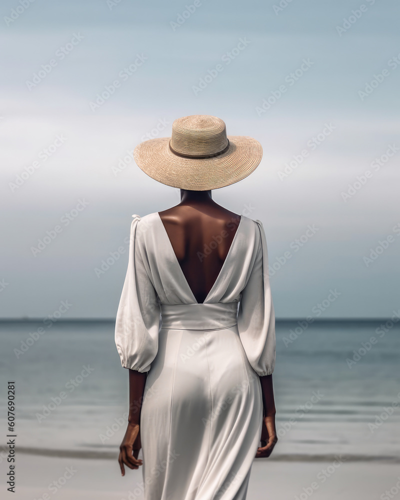 Portrait of a young woman with a hat at the beach. Natural light, vertical image. Generative AI Portrait of a young woman with a hat at the beach. Natural light, vertical image. Generative AI