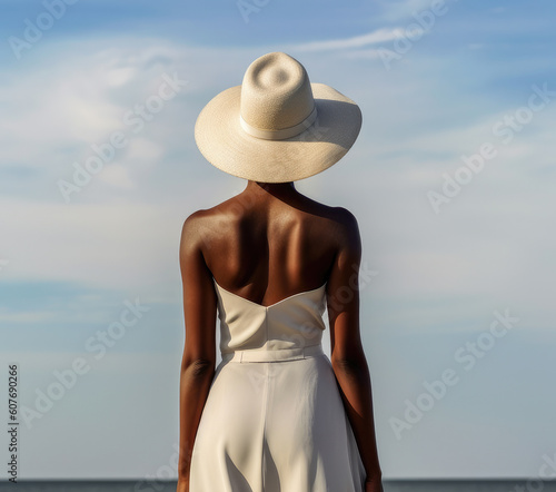 Portrait of a young woman with a hat at the beach. Natural light, vertical image. Generative AI