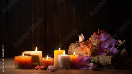 Spa composition with alight candles and beautiful flowers on wooden background. Massage therapy for one person with candle light