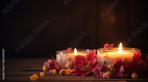 Spa composition with alight candles and beautiful flowers on wooden background. Massage therapy for one person with candle light