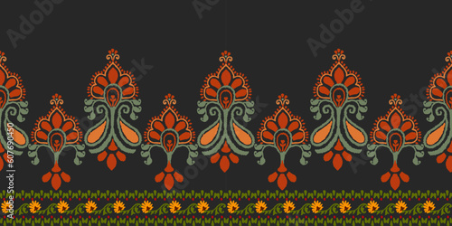 Ikat floral paisley embroidery on black background.geometric ethnic oriental pattern traditional.Aztec style abstract vector illustration.