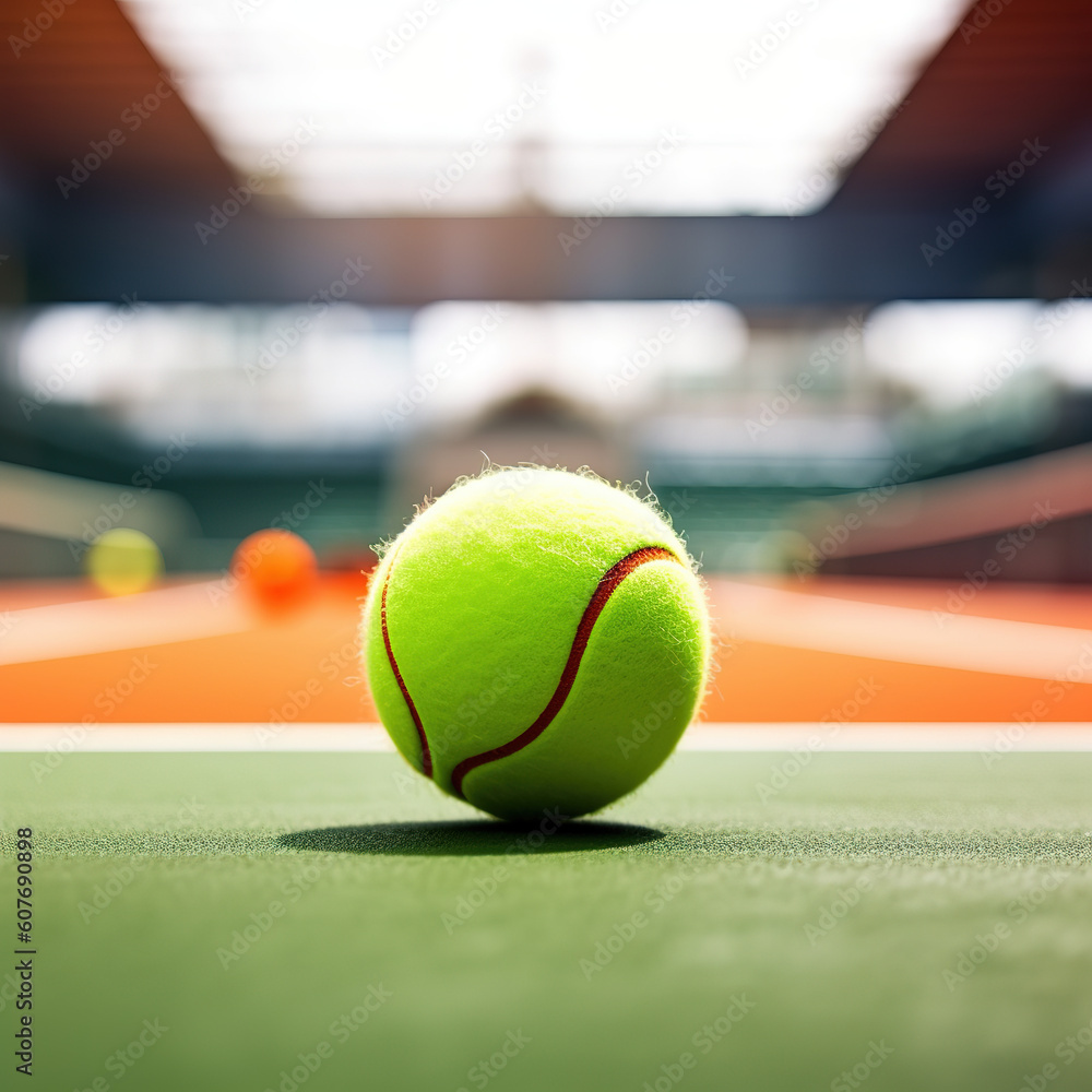  Green Tennis ball on Court, Zoomed shot, Futuristic, Orange color court, Stadium blurred in background, Main focus on Green tennis ball