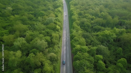 Aerial view asphalt road and green forest, Forest road going through forest with car adventure view from above, Ecosystem and ecology healthy environment concepts and background