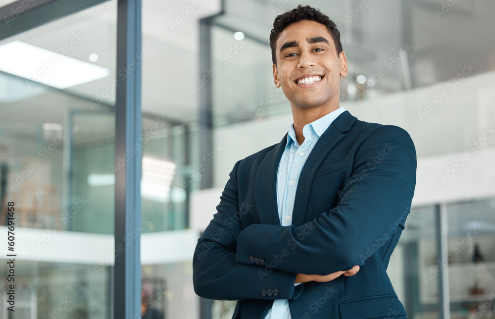 Business man, happy portrait and arms crossed with startup and company ceo in a office. Vision, professional and expert with boss confidence and corporate success ready for working as a executive Business man, happy portrait and arms crossed with startup and company ceo in a office. Vision, professional and expert with boss confidence and corporate success ready for working as a executive