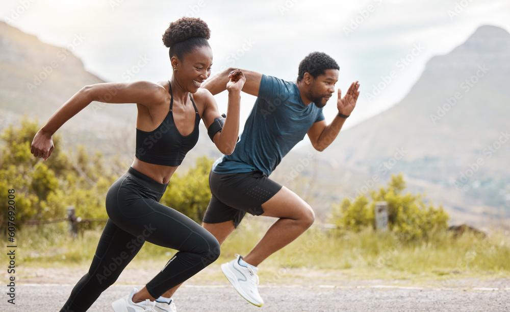 Fitness, exercise and black couple running, outdoor and workout goal with endurance, cardio and self care. Runners, man and woman in the street, run or training with progress, health and wellness - obrazy, fototapety, plakaty 