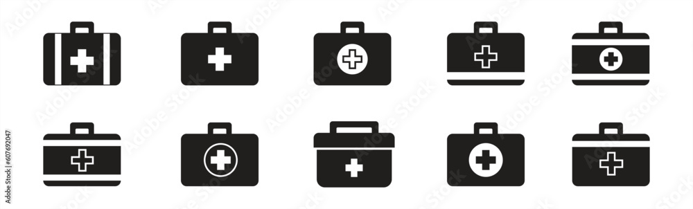 Medical briefcase icon. First aid box icon sign and symbol. First aid kit icon. Medical briefcase icon collection. Vector illustration. Medical briefcase icon. First aid box icon sign and symbol. First aid kit icon. Medical briefcase icon collection. Vector illustration.