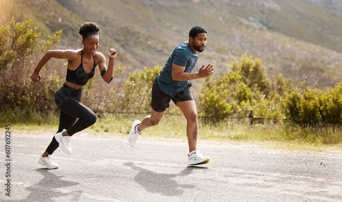 Fitness, training and black couple running, outdoor and cardio with endurance health and wellness. Runners, man and woman in the street, run or progress with speed, cardio and marathon with a target