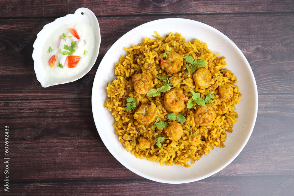 Prawns Biryani or shrimp Pulao. also called jheenga pilaf or jhinga