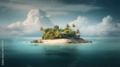 A tropical island in the middle of a crystal clear blue ocean, rendered by AI technology