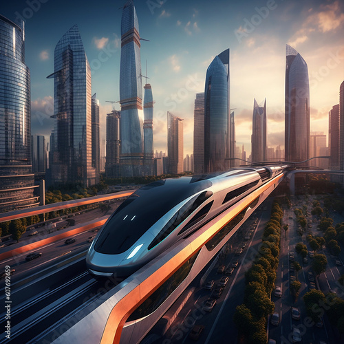 Generative ai high speed bullet train travelling through futuristic city