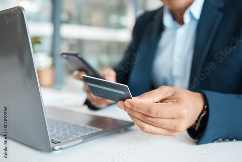 Credit card, businessman hands and laptop with online banking, payment and ecommerce store. Office, male professional and smile of a corporate worker with web shopping on an internet shop at work