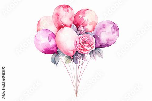 Bouquet of pink roses and purple balloons, watercolor illustration. Generative AI