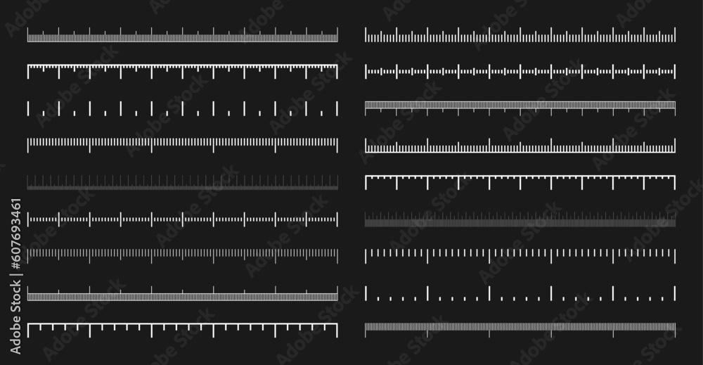 Various measurement scales with divisions. Realistic white scale for measuring length or height in centimeters, millimeters or inches. Ruler, tape measure marks, size indicators. Vector illustration Various measurement scales with divisions. Realistic white scale for measuring length or height in centimeters, millimeters or inches. Ruler, tape measure marks, size indicators. Vector illustration