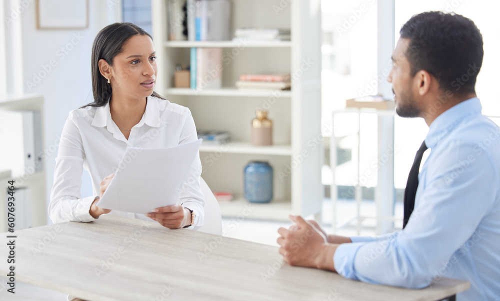 Fototapeta premium Meeting, resume and business people in discussion for job interview, vacancy or hiring opportunity. Corporate office, recruitment and man and woman in conversation with documents, CV and portfolio