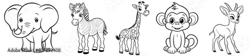 African cute animals - Elephant, Zebra, Giraffe, Monkey and Gazelle, simple thick lines kids or children cartoon coloring book pages. Clean drawing can be vectorized to illustration. Generative AI