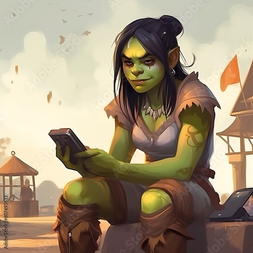 Orc girl on playground using a cellphone reated with AI photo