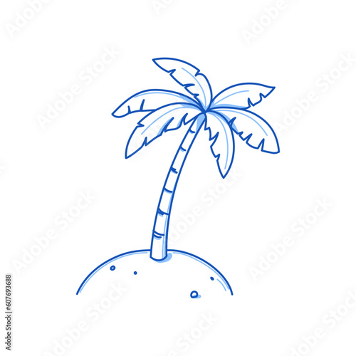 Palm tree doodle. Hand drawn sketch doodle style palm tree. Blue pen line stroke isolated element. Summer flora, jungle concept. Vector illustration.