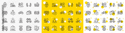 Outline Fishing place, Arena and Dumbbell line icons pack for web with Winner ribbon, Worms, Dumbbells line icon. Laurel wreath, Arena stadium, Vegetables pictogram icon. Quiz, Best rank. Vector