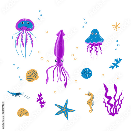 Funny sea animals for the nursery. Vector collection of illustrations isolated on a white background for decor, print, background