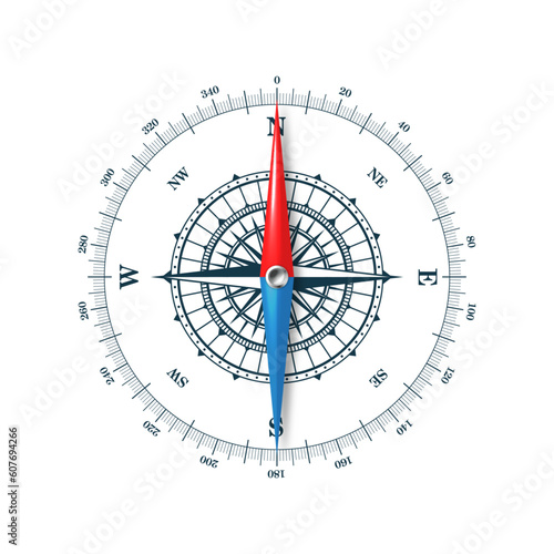 Marine compass, nautical wind rose with cardinal directions of North, East, South, West and degree markings. Geographical position and orientation, cartography and navigation. Vector illustration
