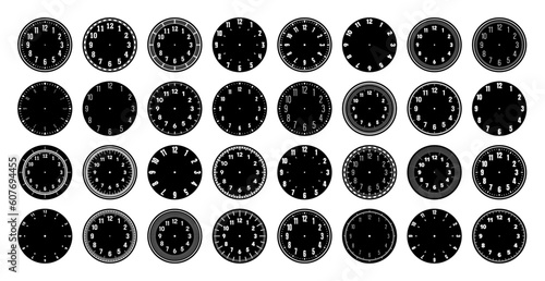 Mechanical clock faces, watch dial with numerals, bezel. Timer or stopwatch element with minute, hour marks and numbers. Blank measuring circle scale with divisions. Vector illustration