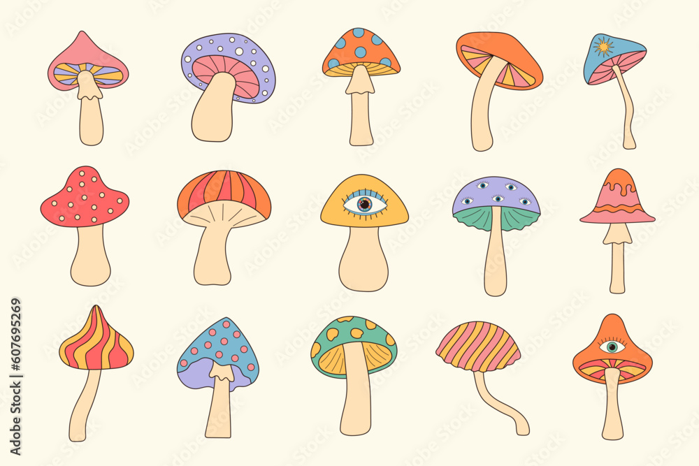 Groovy Hippie Mushroom Set. Psychedelic hallucinogenic fantasy mushrooms. Linear color vector illustration.