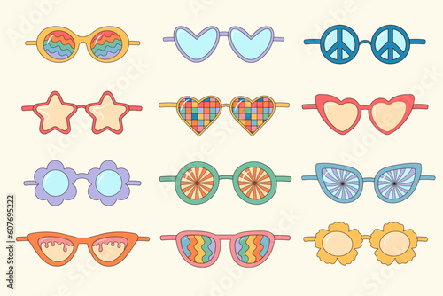 Groovy hippie sunglasses set. Cute retro psychedelic glasses. Linear color vector illustration.