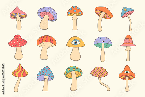 Groovy Hippie Mushroom Set. Psychedelic hallucinogenic fantasy mushrooms. Linear color vector illustration.