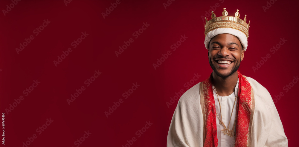 Obraz premium a smiling young male dressed as a king's in front of red background generative ai