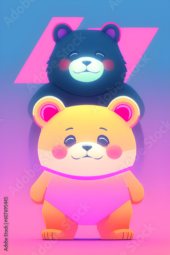 Teddy bear cub and mama bear  colorful cartoon illustration. Generative AI