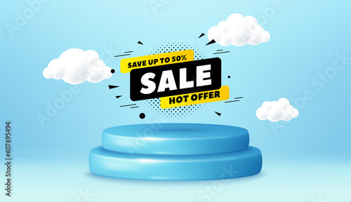 Sale 50 percent off banner. Winner podium 3d base. Product offer pedestal. Discount sticker shape. Coupon tag icon. Sale 50 percent promotion message. Background with 3d clouds. Vector