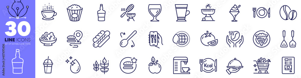 Popcorn, Restaurant food and Coffee machine line icons pack. Cooking cutlery, Water drop, Food web icon. Calories, Grill, Coffee pictogram. Crepe, Salad, Scotch bottle. World water. Vector