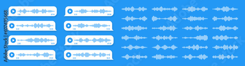 Voice, audio message, blue speech bubble. SMS text frame. Social media chat or messaging app conversation. Voice assistant, recorder. Sound wave pattern. Vector illustration