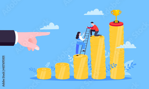 Business mentor helps improve career and money stacks growing. He holds stairs steps vector illustration. Mentorship, upskills, climb help self development strategy flat style design business concept.