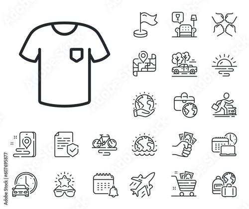 Tee shirt wear sign. Plane jet, travel map and baggage claim outline icons. T-shirt line icon. Fabric sport clothes symbol. T-shirt line sign. Car rental, taxi transport icon. Place location. Vector