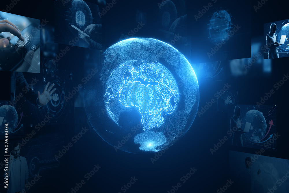Obraz premium Creative glowing digital blue globe hologram on dark backdrop. Digital world, global hacking protection and hud concept. 3D Rendering.